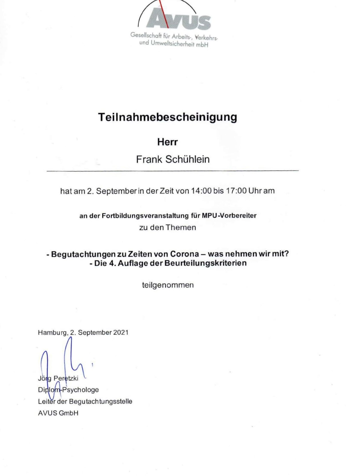 AVUS Zertifikat für Verkehrspsychologe Frank Schühlein